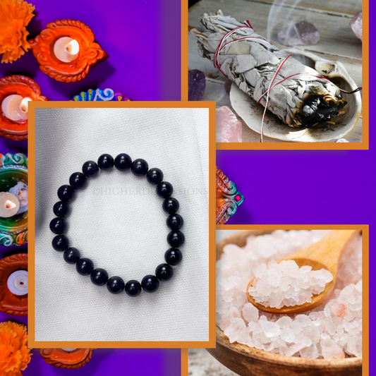 Diwali Combo-2 | Black Tourmaline Bracelet, Raw Salt & Sage