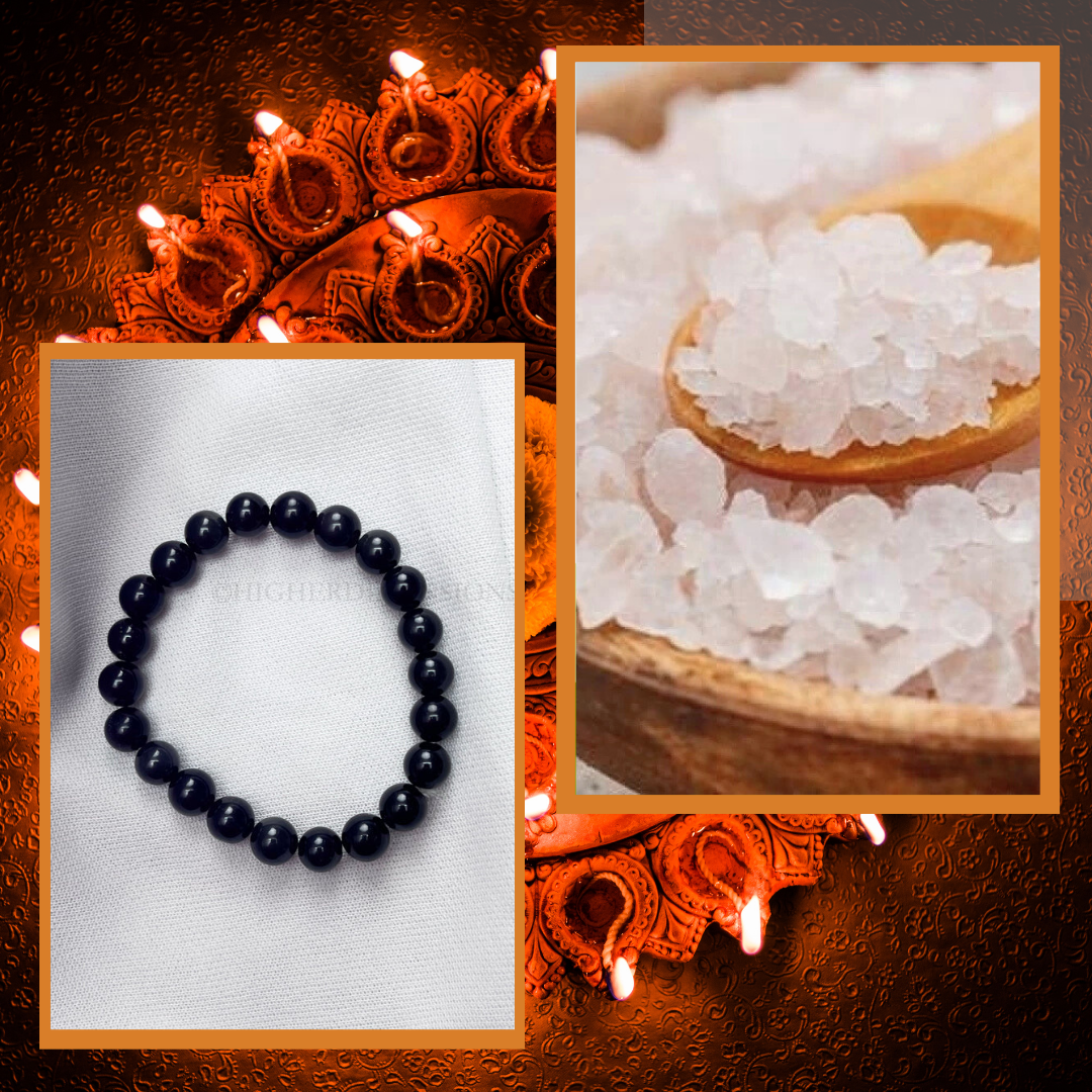 Diwali Combo-4 | Black Tourmaline Crystal Bracelet, Charged Raw Salt