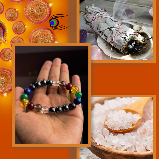 Diwali Combo-5 | 7 Chakra Bracelet, Charged Raw Salt, Sage